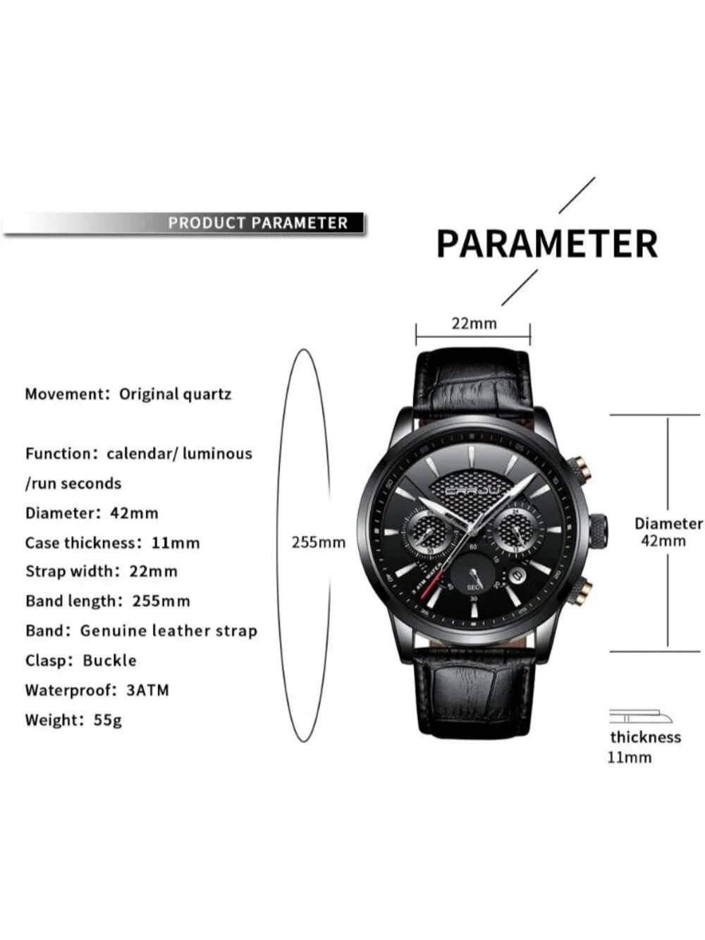 Men's All Black Leather Strap Casual Chronograph Quartz Waterproof Wrist Watch